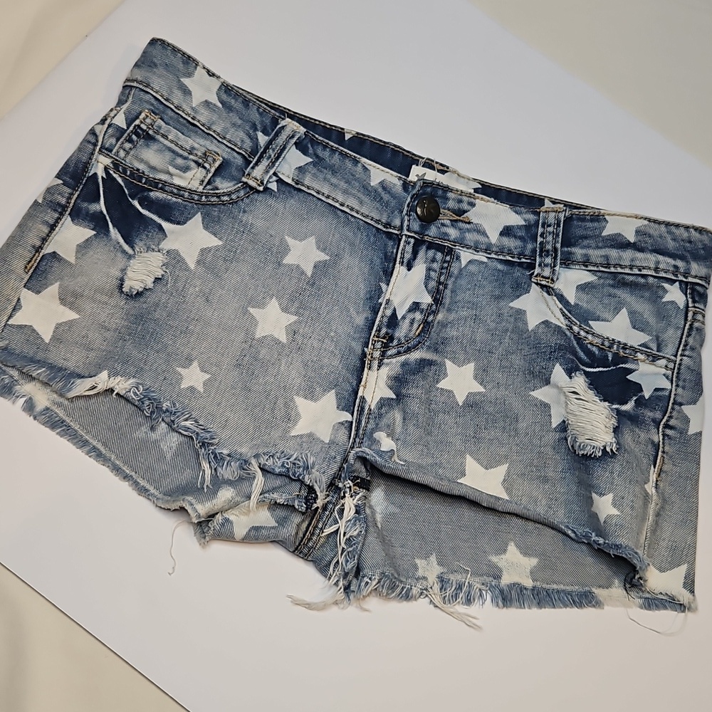 Distressed Denim Shorts Star Print Frayed Hem Cutoff Size 28 By Others Follow